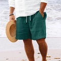 Detail of dark green striped casual shorts with elastic drawstring waist on beach - S / Dark Green