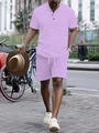 Close-up of men's summer set in light purple featuring geometric woven texture detail - S / Light Purple