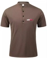 Close-up of brown nylon mesh Polo shirt showing collar buttons and Paris chest print - S / Coffee