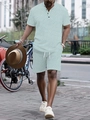 Detail of light blue-green geometric maze print on men's casual short sleeve set - S / Light Blue-Green