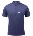Detailed view of dark blue mesh polo shirt with Paris chest logo and standing collar - S / Navy Blue 1