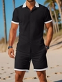Détail de l'ensemble d'été noir avec texture géométrique et bordures blanches contrastées - S / Noir