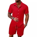 Men's summer casual beach set with red vertical striped short sleeve shirt and shorts - S / Red