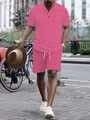 Detail of pink geometric diamond pattern on men's casual summer short sleeve shirt and shorts - S / Pink