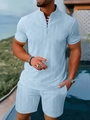 Detail of light blue mens summer set with vertical texture and ring-buckle henley collar - S / Top And Bottom / Blue