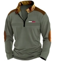 Detail von olivgrünem Langarm-Poloshirt mit braunen Patches und Reißverschlusskragen - S / Grün