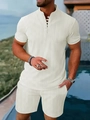 Detailed texture of men's beige Henley shirt and shorts with vertical stripe fabric - S / Khaki