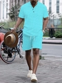 Detail of teal geometric pattern on men's summer shirt and shorts casual beach set - S / Cyan Blue