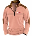 Detail of peach long sleeve polo shirt with brown stitching and Paris logo on chest - S / Pink