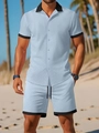 Detail of light blue jacquard shirt with black contrast collar and matching drawstring shorts - S / Top And Bottom / Blue