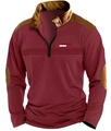 Detail of burgundy polo shirt featuring a quarter-zip collar with stylish brown patches - S / Dark Red 1