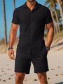 Détail d'un ensemble d'été pour hommes avec chemise noire texturée et short à cordon coulissant - S / Noir