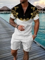 Detailed close-up of men's polo set featuring gold Baroque patterns and breathable fabric - S / Gold Floral