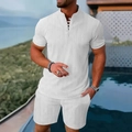 Men's white summer beach two-piece set featuring henley neck shirt and shorts with vertical texture - S / White