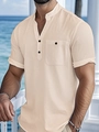 Men's beige cotton linen short sleeve shirt with mandarin collar and chest pocket - S / Apricot