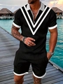 Men's black summer polo set with white V-pattern and textured knit fabric on tropical background - S / Top And Bottom / V-shaped Lines