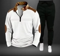 Détail de l'ensemble polo blanc à manches longues avec empiècements cuir et jogging noir - S / Blanc