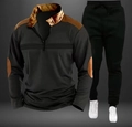 Détail du polo à manches longues avec col zippé marron et pantalon de jogging assorti - S / Noir