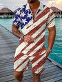 Detail view of men's polo set with distressed American flag print and zip collar - S / Top And Bottom / National Flag