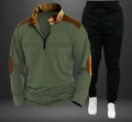 Detail of army green polo sweatshirt with brown leather patches and black joggers - S / Top And Bottom / Green