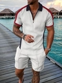 Detail of men's summer polo set featuring textured geometric fabric and contrast paneling - S / Top And Bottom / White with Red Edge