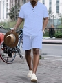 Detail of light blue geometric knit men's Henley shirt and drawstring shorts set - S / Light Blue