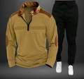 Detail of waffle texture polo shirt with brown elbow patches and contrast zip collar - S / Top And Bottom / Khaki