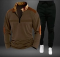 Détails de l'ensemble polo marron zippé pour hommes et pantalon de jogging noir - S / Brun Foncé