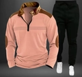 Detail of pink polo shirt zipper with brown contrast panels and matching black joggers - S / Top And Bottom / Pink