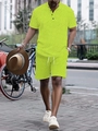 Close-up of fluorescent green polo and shorts set with detailed geometric woven texture - S / Fluorescent Green