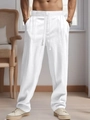 Detail of white linen trousers featuring elastic drawstring waist and large side pockets - S / White