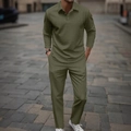 Detailed view of olive green long-sleeve polo set with waffle texture on urban street - Army Green Jacquard