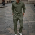 Ensemble polo à manches longues et pantalon vert olive pour homme en maille texturée - S / Haut Et Bas / Vert Militaire