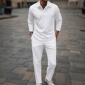 Conjunto casual blanco para hombre con polo de manga larga y pantalón de tejido gofrado - S / Blanco Jacquard