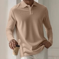 Detailed view of long-sleeved polo shirt with khaki herringbone jacquard textured fabric - S / Khaki Plaid Pattern