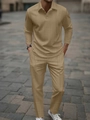 Vue détaillée de l'ensemble polo kaki avec motif de tricot en V texturé de haute qualité - S / Haut Et Bas / Kaki