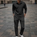 Detalle del conjunto casual negro para hombre con polo de manga larga texturizado y pantalón - S / Negro Jacquard