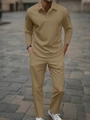 Detail of khaki men's long sleeve Polo suit featuring unique V-shaped knit texture - S / Khaki Wheat Style