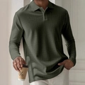 Detail of olive green long sleeve polo shirt showing unique textured knit fabric for men - S / Army Green Plaid Pattern