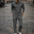 Conjunto de polo de manga larga gris y pantalón para hombre con tejido jacquard en forma de V - S / Estilo Trigo Gris