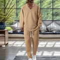 Men's khaki waffle texture loungewear set with V-neck top and drawstring joggers - S / Top And Bottom / Khaki