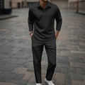 Conjunto de polo de manga larga y pantalones negros para hombre con tejido de espiga texturizado - S / Estilo Trigo Negro