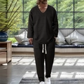 Schwarzes Herren Freizeit-Set mit V-Ausschnitt, Textur-Stoff und weißem Kordelzug - S / Schwarz
