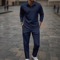 Detalle de conjunto de polo de manga larga y pantalones azul marino con textura chevron - S / Estilo Trigo Azul Marino