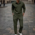Detail of dark olive green men's long sleeve polo set with premium jacquard texture - S / Army Green Wheat Style