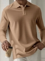 Detailed texture of men's long sleeve camel polo shirt featuring premium knit fabric - S / Khaki Jacquard