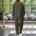 Men's dark green casual two-piece lounge set with waffle knit texture and V-neck top - S / Top And Bottom / Army Green