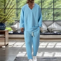Hellblaues Herren-Lounge-Set mit V-Ausschnitt, strukturiertem Schachbrettmuster und Kordelzug - S / Himmelblau