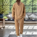 Detail of camel men's waffle knit lounge set featuring V-neck and white drawstring waist - S / Top And Bottom / Khaki