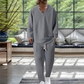 Herren Lounge-Set in Grau mit V-Ausschnitt, Langarmshirt und Hose in Waffelstruktur - S / Grau